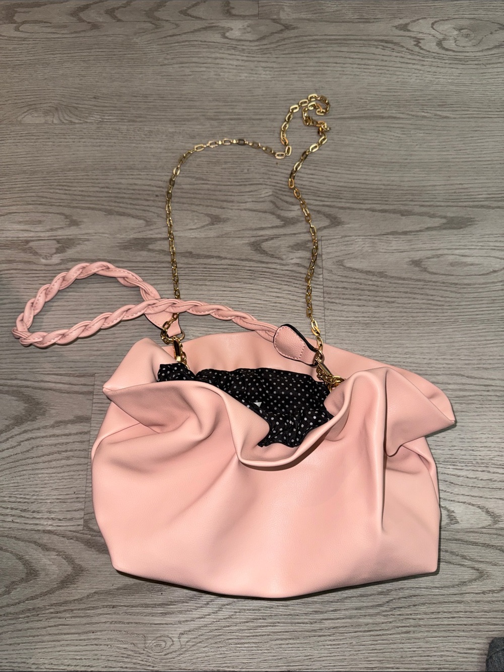 Soft Pink Ruched Shoulder Bag with Gold Chain Strap